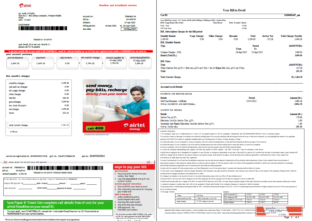 India airtel utility bill template in Word and PDF formats, 2 pages, version 2